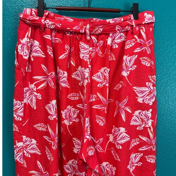 Maison d'Amelie Linen Blend Red Floral Beaded Sash Wide Leg Pant Women's Large - Picture 5 of 10
